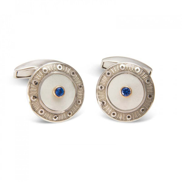 deakin & francis 18ct White Gold Round Cufflinks with Light Grey Border & Mother-of-Pearl and Sapphire Centre