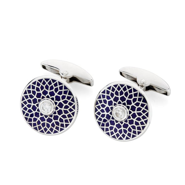 deakin & francis 18ct White Gold Round Navy Blue Patterned Cufflinks with Diamond Centre