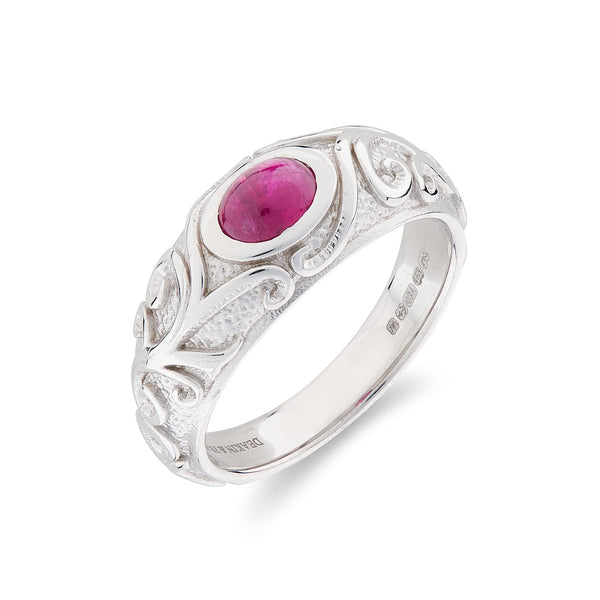 Deakin & Francis 18ct White Gold Ruby Gypsy Ring With Scrolling Sides