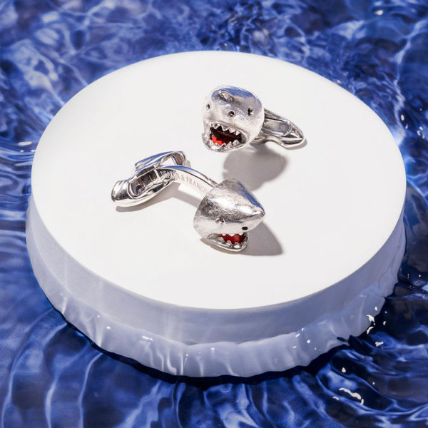 Deakin & Francis 18ct White Gold Shark Cufflinks With Moving Jaw And Diamond Eyes