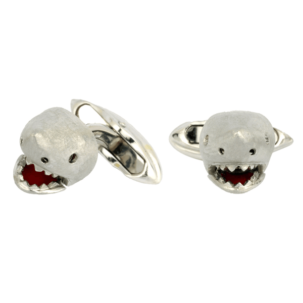 deakin & francis 18ct White Gold Shark Cufflinks with Moving Jaw and Diamond Eyes