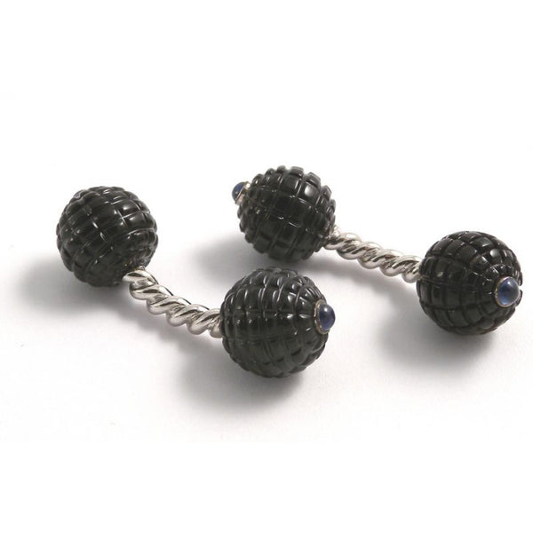 deakin & francis 18ct White Gold Smoky Quartz Twisted Bar Cufflinks with Sapphire Gems