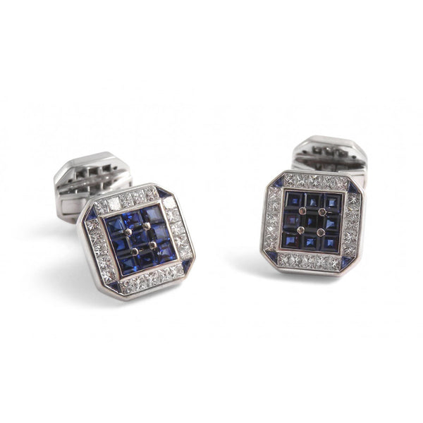 deakin & francis 18ct White Gold Square Cufflinks with Diamonds and Sapphires