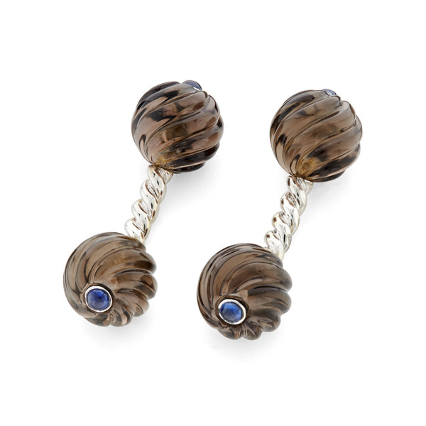 deakin & francis 18ct White Gold Twisted Bar Cufflink With Smokey Quartz and Sapphire
