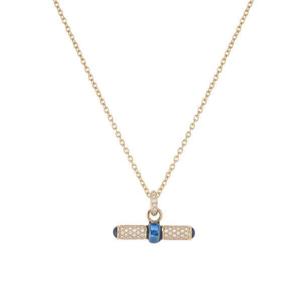 deakin & francis 18ct Yellow Bar Necklace with Blue Enamel Diamond Bar and Sapphire Ends on a Chain