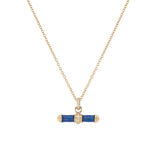deakin & francis 18ct Yellow Gold Bar Necklace Blue Enamel Diamond Bar on Chain