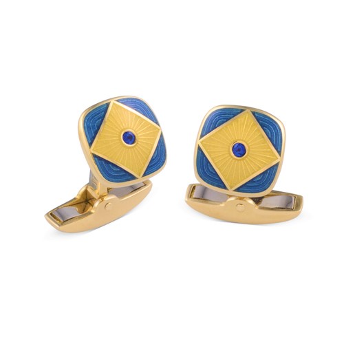 deakin & francis 18ct Yellow Gold Blue And Clear Enamel Cufflinks With Sapphire Centre