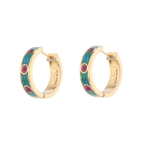 Deakin & Francis 18ct Yellow Gold Blue Enamel And Ruby Hoop Earrings