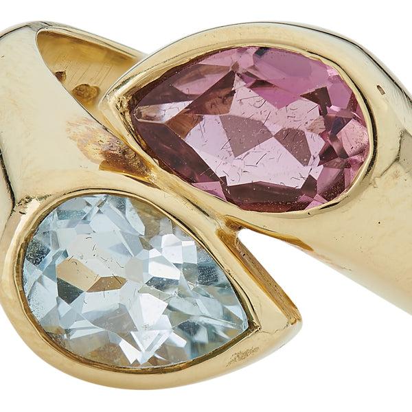 Deakin & Francis 18ct Yellow Gold Blue Topaz And Pink Tourmaline Ring