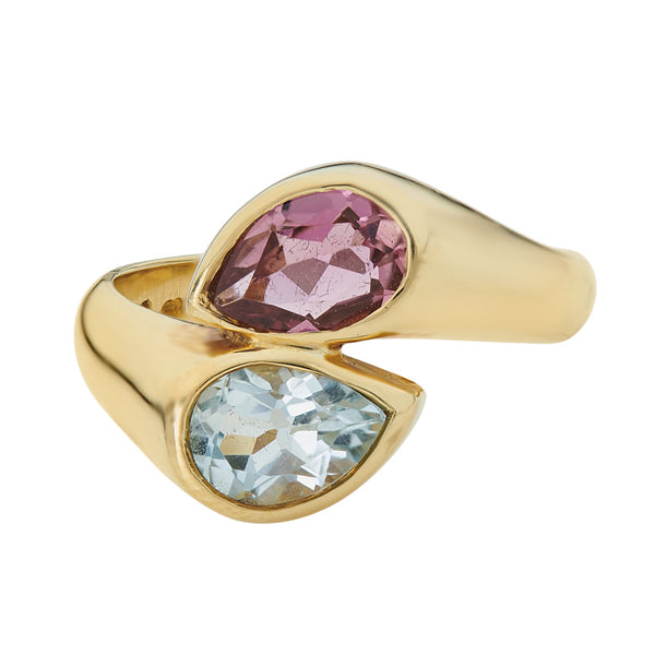 Deakin & Francis 18ct Yellow Gold Blue Topaz And Pink Tourmaline Ring