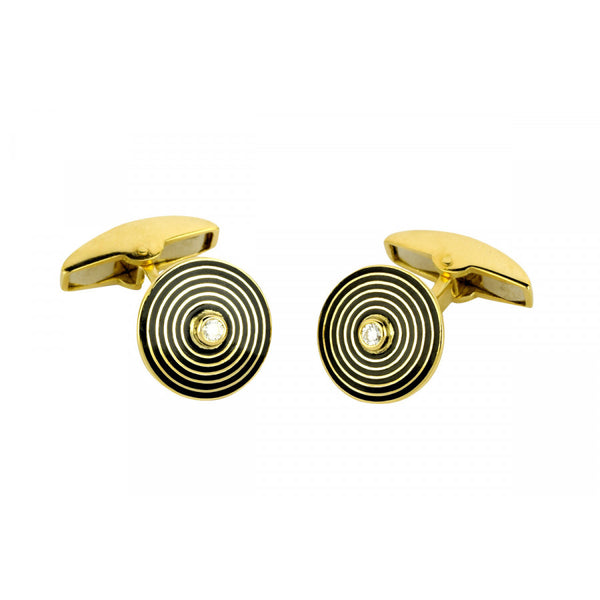 deakin & francis 18ct Yellow Gold Cufflinks with Black Stripe and Diamond Centre