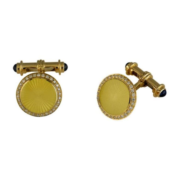 deakin & francis 18ct Yellow Gold Cufflinks With Diamond Border And Sapphire Dumbell Reverse