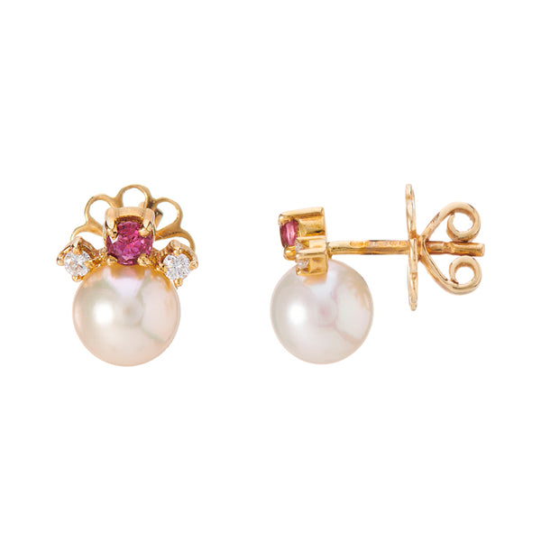 Deakin & Francis 18ct Yellow Gold Cultured Pearl Ruby And Diamond Earrings
