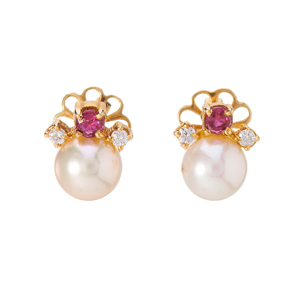 deakin & francis 18ct Yellow Gold Cultured Pearl Ruby And Diamond Earrings