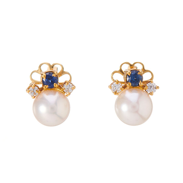 deakin & francis 18ct Yellow Gold Cultured Pearl Sapphire And Diamond Earrings