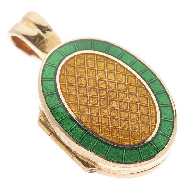Deakin & Francis 18ct Yellow Gold Dark Green And Brown Enamel Locket