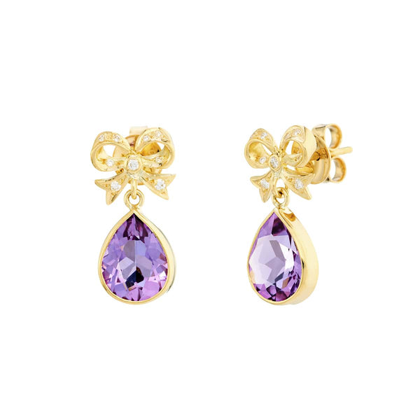 deakin & francis 18ct Yellow Gold Diamond Bow Earrings With Amethyst Drops