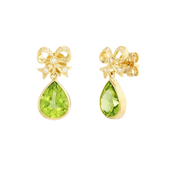 deakin & francis 18ct Yellow Gold Diamond Bow Earrings With Peridot Drops
