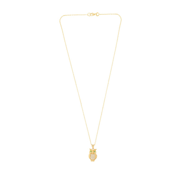 Deakin & Francis 18ct Yellow Gold Diamond Owl Pendant With Green Tsavorite Eyes