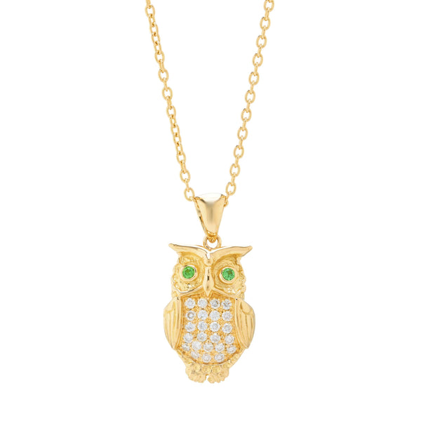 deakin & francis 18ct Yellow Gold Diamond Owl Pendant With Green Tsavorite Eyes