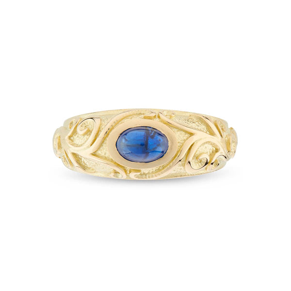 Deakin & Francis 18ct Yellow Gold Gypsy Ring With Cabochon Sapphire And Scrolling Sides