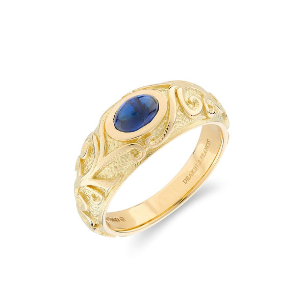 deakin & francis 18ct Yellow Gold Gypsy Ring with Cabochon Sapphire and Scrolling Sides