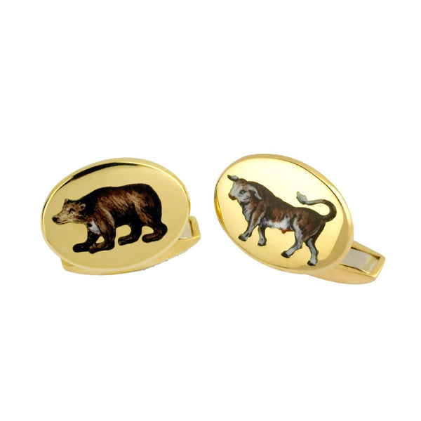 Deakin & Francis 18ct Yellow Gold Hand-Painted Enamel Bull & Bear Cufflinks