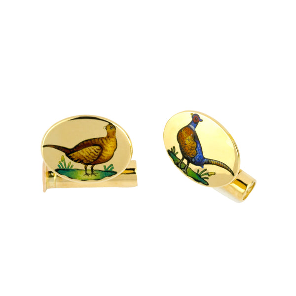 deakin & francis 18ct Yellow Gold Hand-Painted Pheasant Cufflinks With Cartridge Fittings