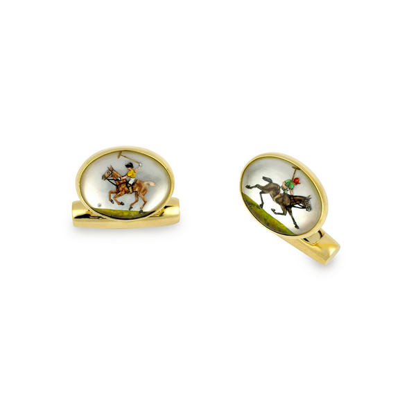 deakin & francis 18ct Yellow Gold Hand-Painted Rock Crystal Polo Player Cufflinks