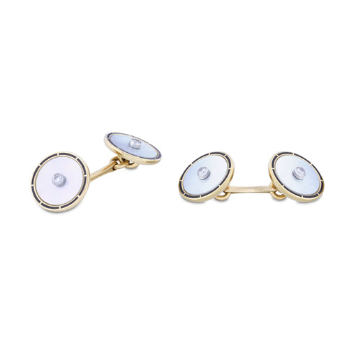deakin & francis 18ct Yellow Gold Mother-of-Pearl Cufflinks With Black Enamel Border And Diamond Centre