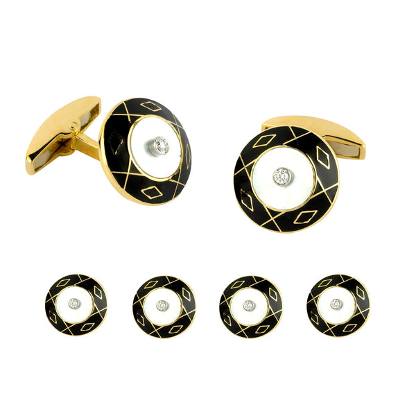 deakin & francis 18ct Yellow Gold Mother of Pearl Enamel and Diamond Round Dress Set