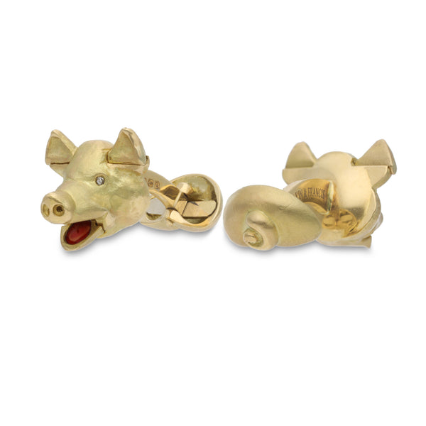 deakin & francis 18ct Yellow Gold Moving Pig Head Cufflinks With Diamond Eyes