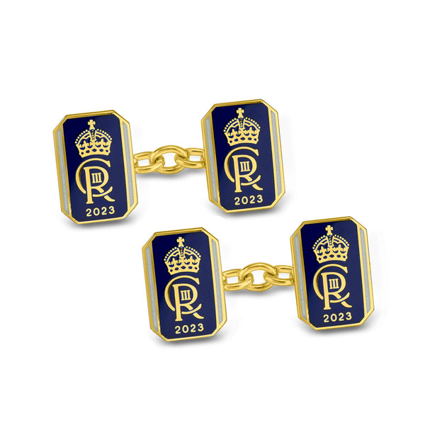 deakin & francis 18ct Yellow Gold Oblong Chain Link Coronation Cufflinks - Blue Cufflinks