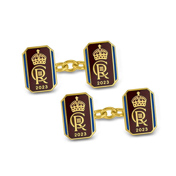 deakin & francis 18ct Yellow Gold Oblong Chain Link Coronation Cufflinks - Red Cufflinks