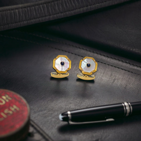 Deakin & Francis 18ct Yellow Gold Octagonal Cufflinks With Mother-of-Pearl And Sapphire