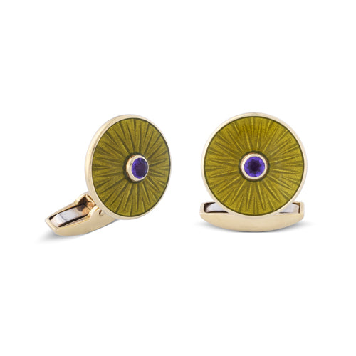 deakin & francis 18ct Yellow Gold Olive Green Enamel Cufflinks With Amethyst Centre