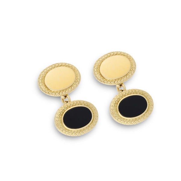 deakin & francis 18ct Yellow Gold Onyx And Wreath Boarder Chain Link Cufflinks