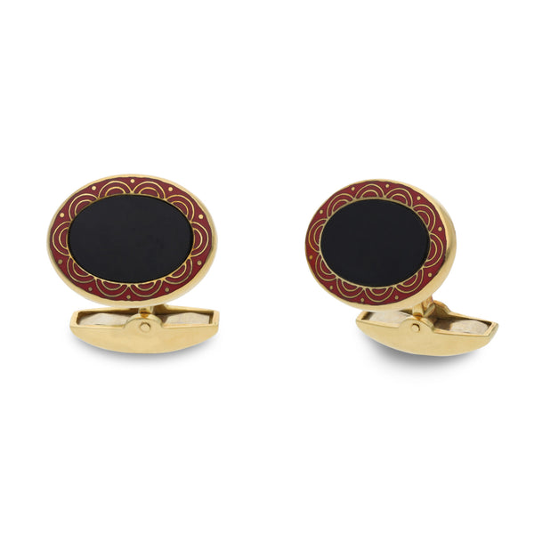deakin & francis 18ct Yellow Gold Onyx Cufflinks With Red Enamel Border