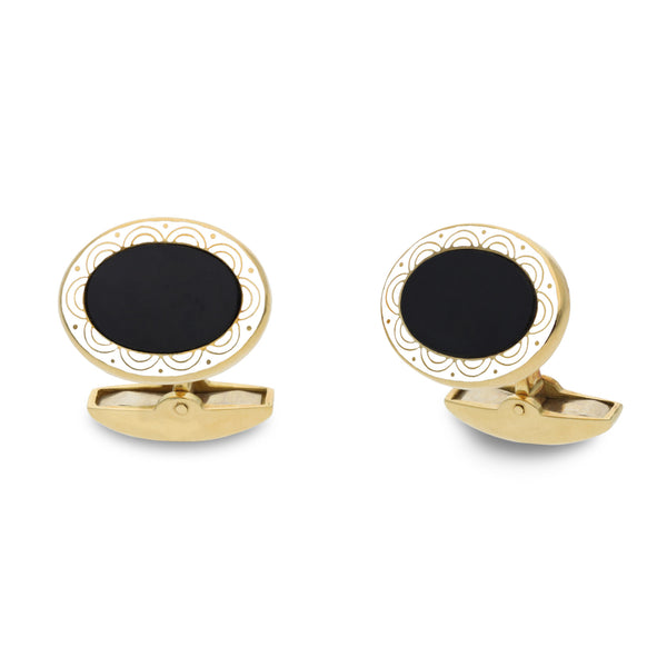 deakin & francis 18ct Yellow Gold Onyx Cufflinks With White Enamel Border