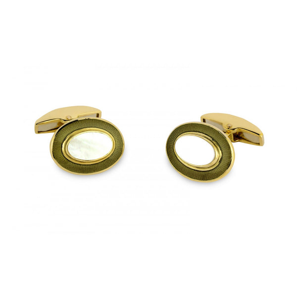 deakin & francis 18ct Yellow Gold Oval Cufflinks with Mother-of-Pearl & Grey Border