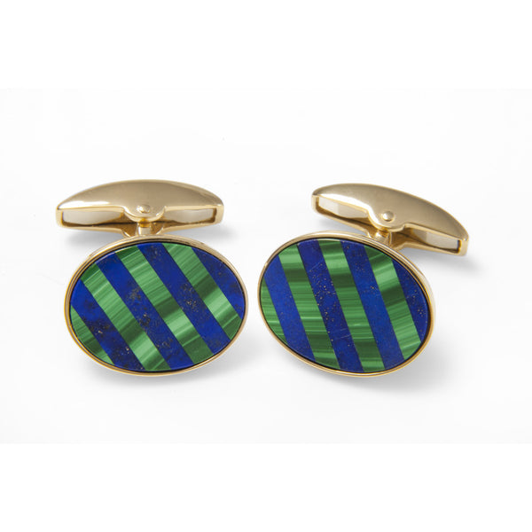 deakin & francis 18ct Yellow Gold Precious Gemstone Striped Cufflinks in Malachite and Lapis Lazuli
