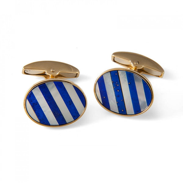 deakin & francis 18ct Yellow Gold Precious Gemstone Striped Cufflinks in Mother-of-Pearl & Lapis Lasuli