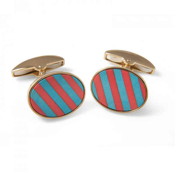 deakin & francis 18ct Yellow Gold Precious Gemstone Striped Cufflinks in Coral & Turquoise