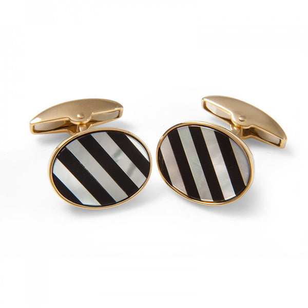 deakin & francis 18ct Yellow Gold Precious Gemstone Striped Cufflinks in Mother-of-Pearl & Onyx