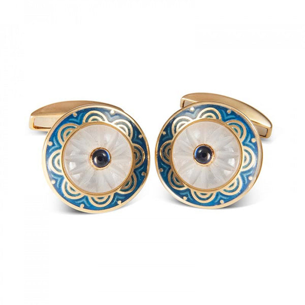 deakin & francis 18ct Yellow Gold Round Cufflinks with Blue Border & Crystal and Sapphire Centre