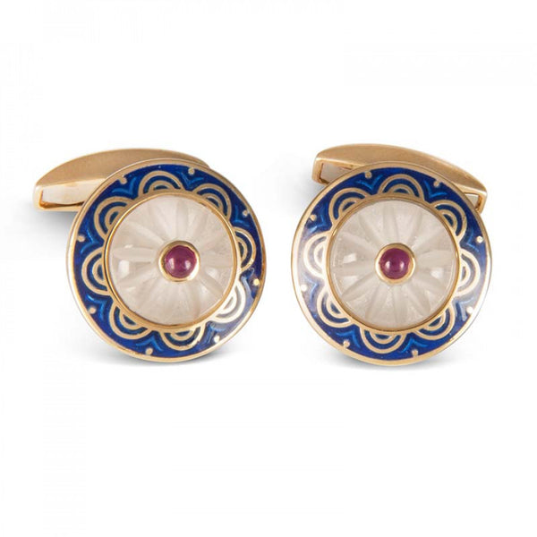 deakin & francis 18ct Yellow Gold Round Cufflinks with Fancy Blue Border & Crystal and Ruby Centre
