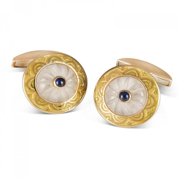 deakin & francis 18ct Yellow Gold Round Cufflinks with Gold Enamel Border & Crystal and Sapphire Centre