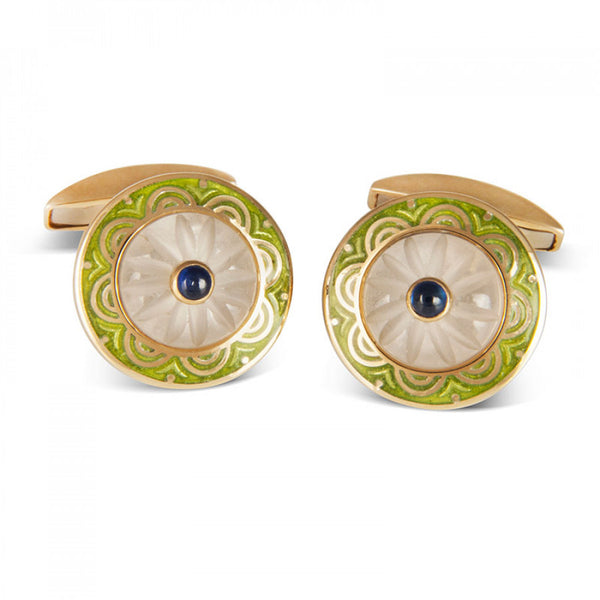 deakin & francis 18ct Yellow Gold Round Cufflinks with Lime Green Border & Crystal and Sapphire Centre