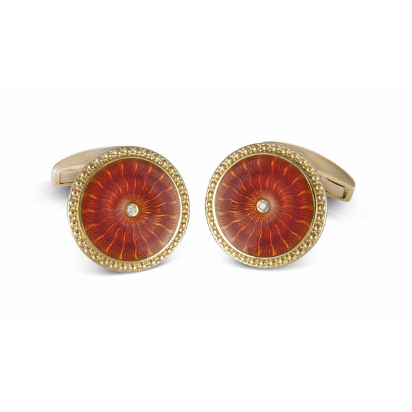 deakin & francis 18ct Yellow Gold Round Cufflinks with Orange Enamel & Diamond Centre