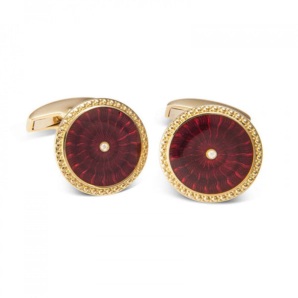 deakin & francis 18ct Yellow Gold Round Cufflinks with Red Enamel & Diamond Centre